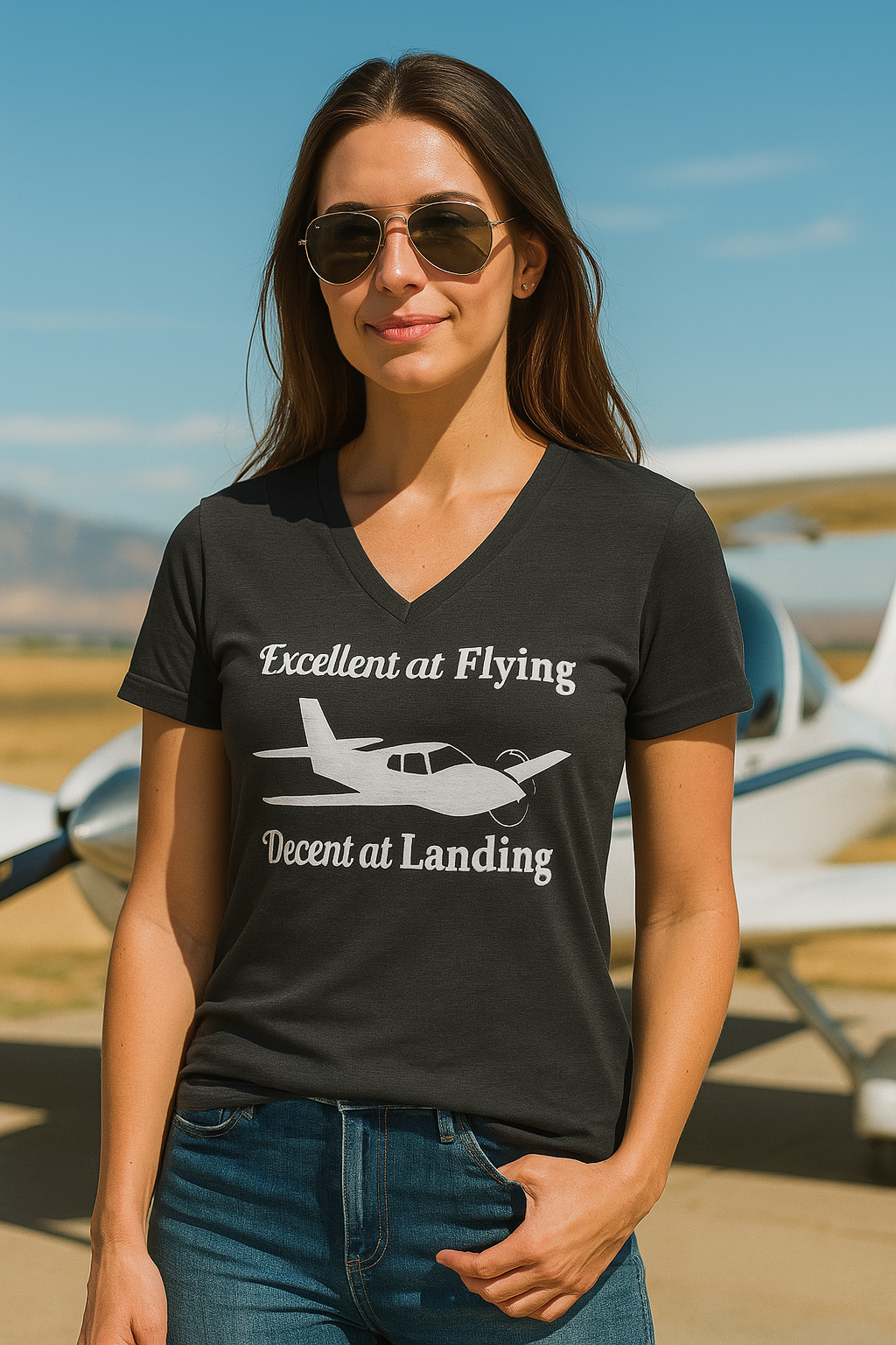 Excellent at Flying, Decent at Landing - Ladies V-Neck Tee