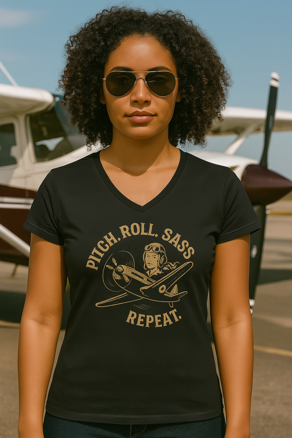 Pitch. Roll. Sass. Repeat Ladies V-Neck