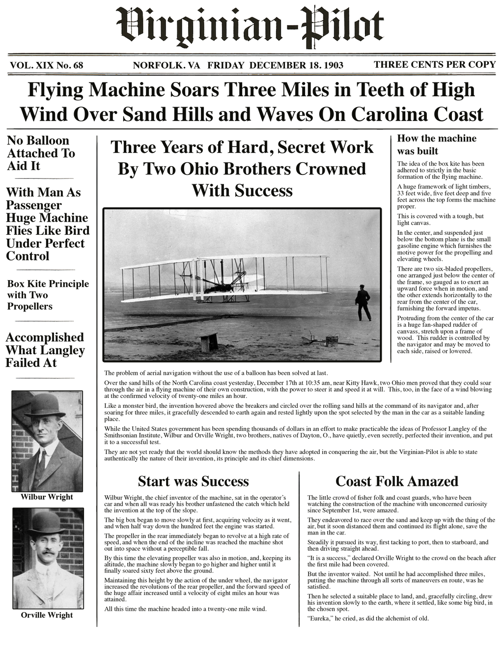 Wright Brothers First Flight News Article - T-Shirt