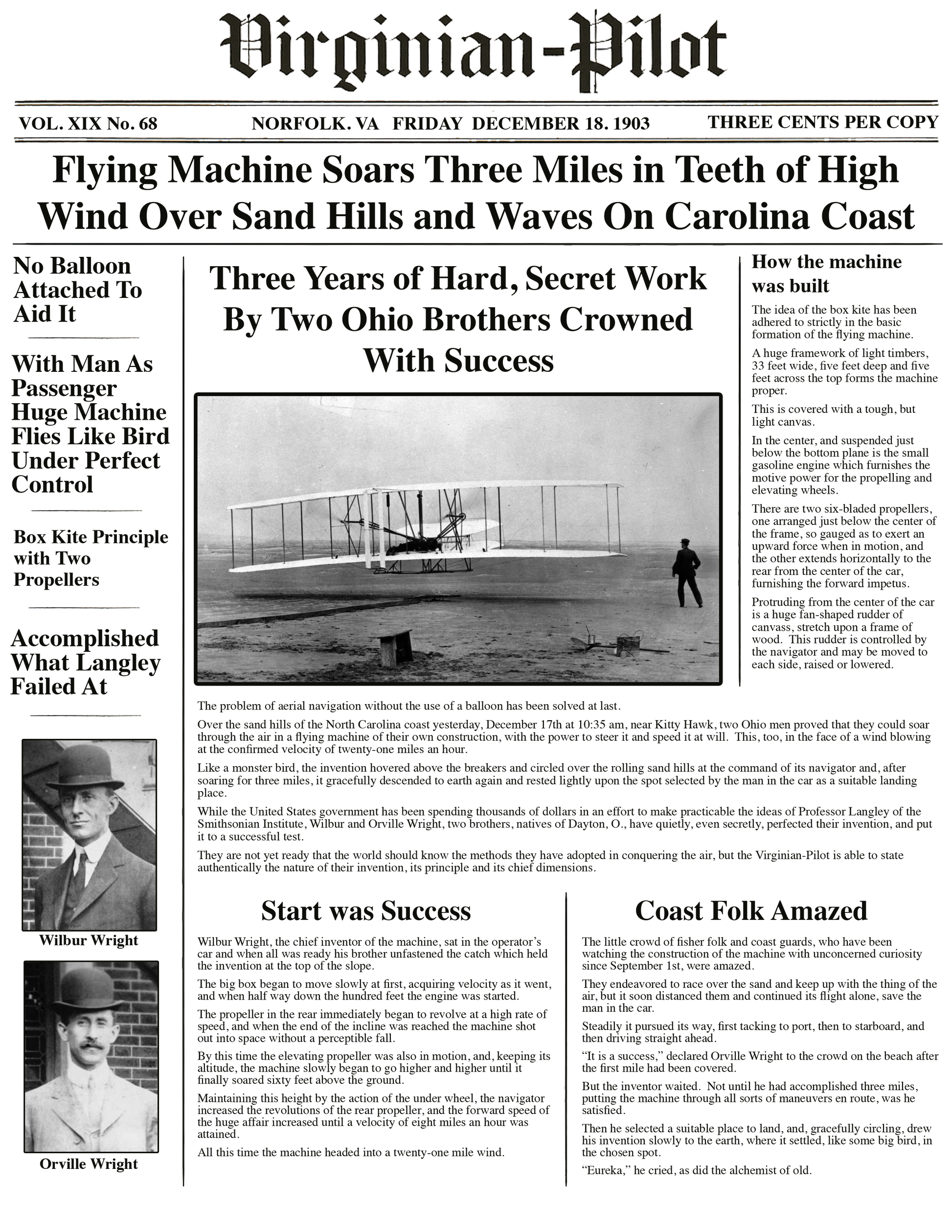Wright Brothers First Flight News Article - T-Shirt
